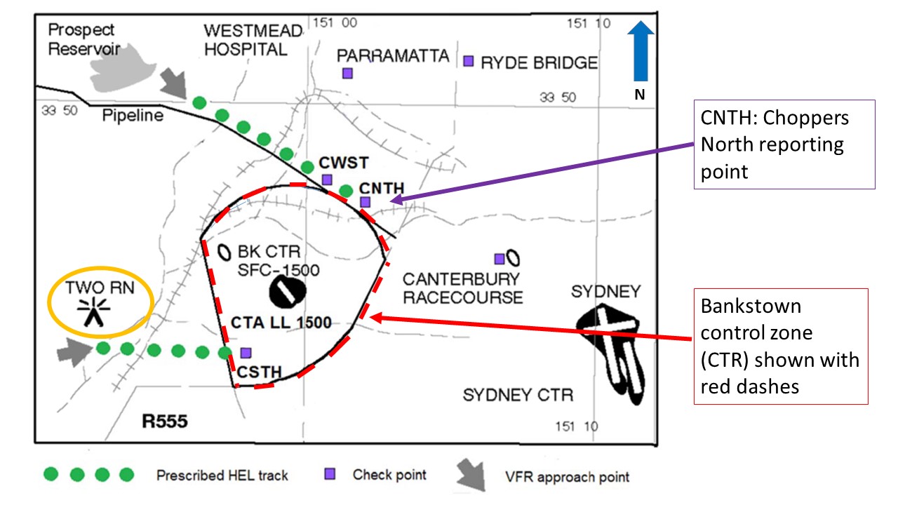 Figure 1:Helicopter inbound procedures diagram for Bankstown Airport.Note the Choppers North inbound reporting point as used by VH-OLG (purple arrow). On this occasion, VH-OLG was inbound from the northeast. TWO RN, the inbound reporting point for VH-KCF is also marked (yellow circle)